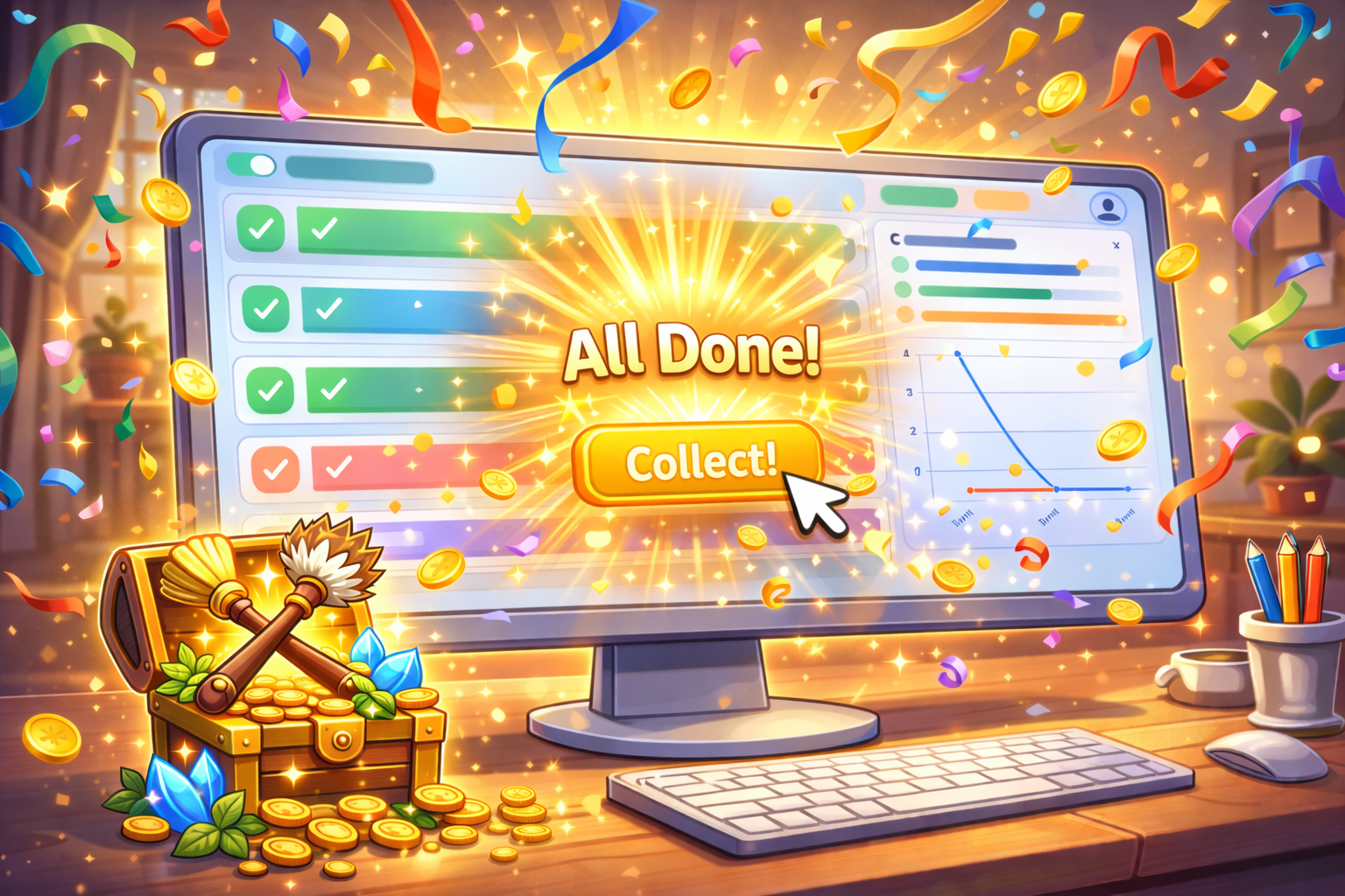 Family Chores celebration effects shown when a chore is completed.