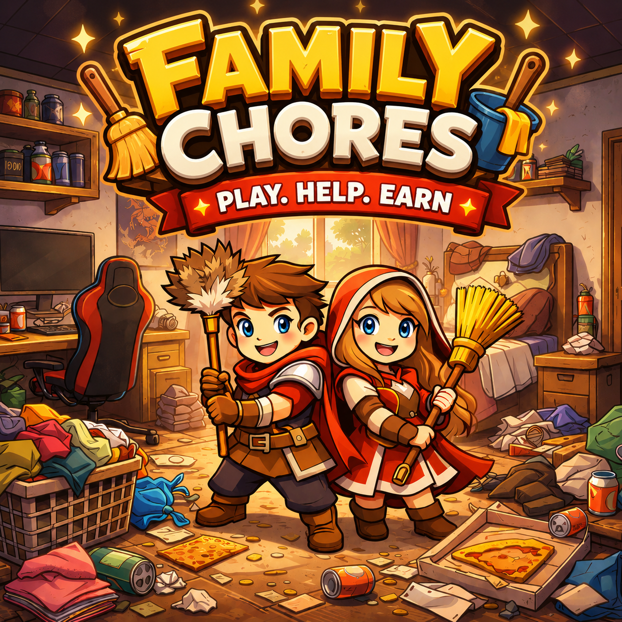 Family Chores key art with two young heroes cleaning up a messy bedroom.