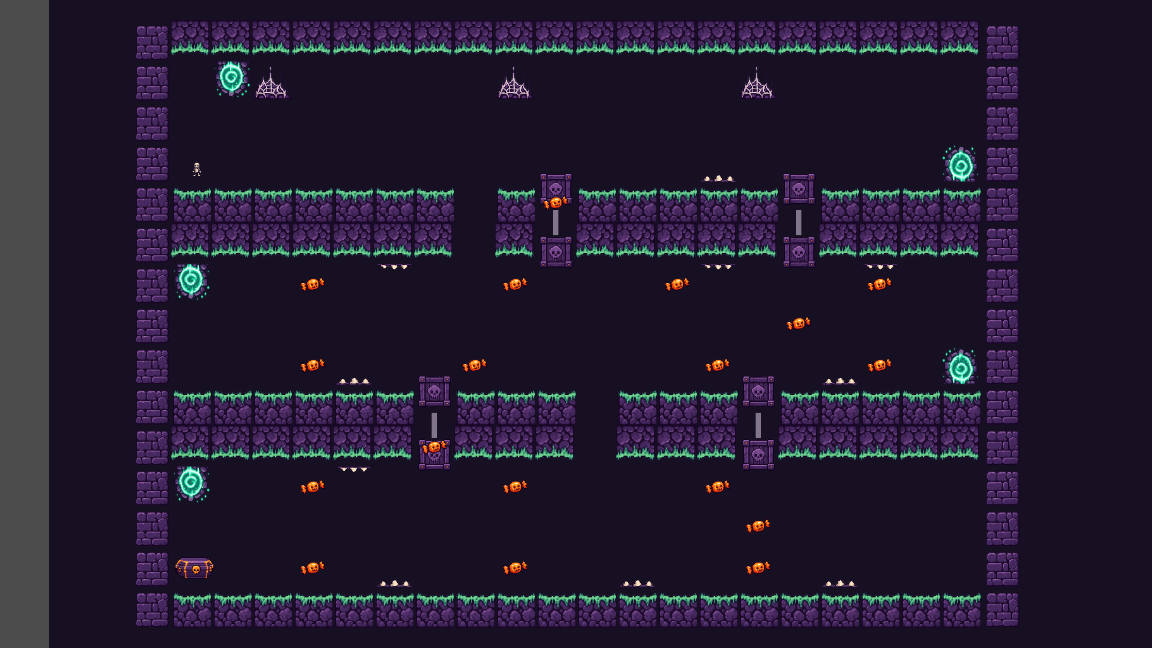 The Haunted Crypt in Downside-Up, with purple stone passages, spectral portals, bone spikes, candy, and haunted movable blocks.