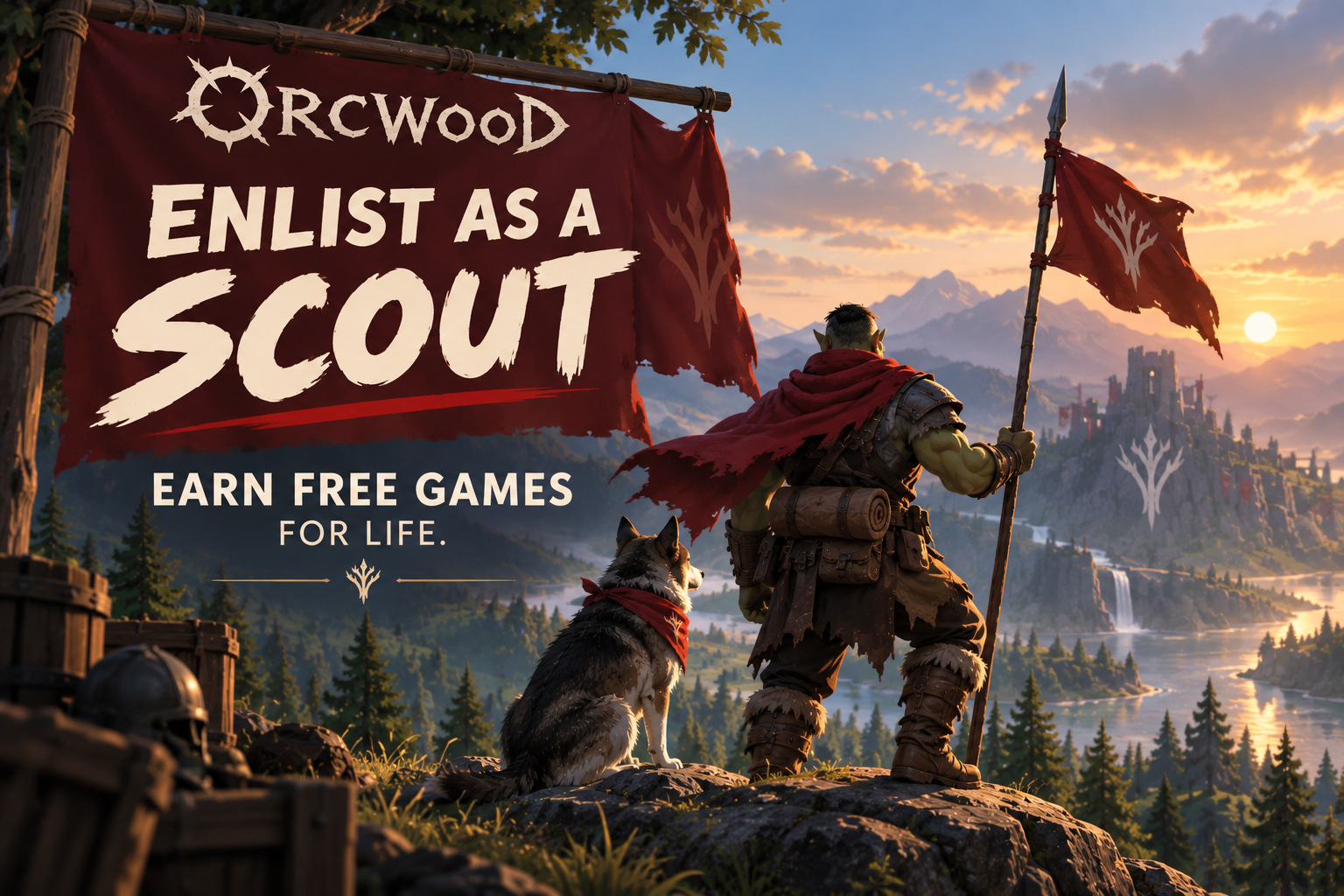 An Orcwood Scout stands with a wolf companion overlooking the kingdom, beside a banner reading "Enlist as a Scout — Earn Free Games for Life."